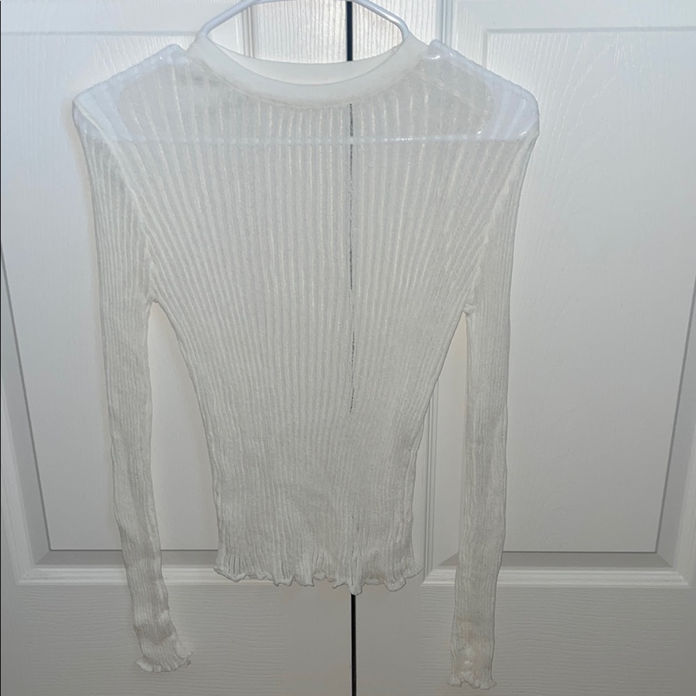 White Ribbed Long Sleeve Blouse